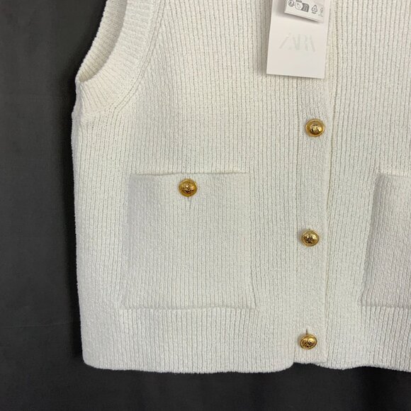 Zara Plain Knit Top/Vest in Cream with Gold Buttons Sz M - Picture 6 of 16